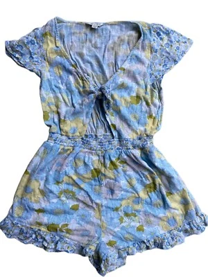 American Eagle 花卉镂空绑带连身裤 M 码内衬口袋褶皱波西米亚 — 第 1/4 张图片