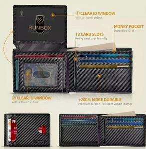 RUNBOX Cartera para Hombre Negra Delgada Bloqueo RFID Cuero 2 ID Ventanas - Imagen 1 de 5