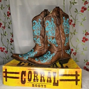 Stivali western Corral donna R1193 ricamo dalia marrone turchese taglia 11 - Foto 1 di 11