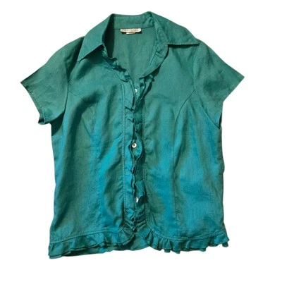 De Colección David N 100% Lino Mediano Abotonado Top Verde Costero Playa Vacaciones Crucero Foto 1 de 4