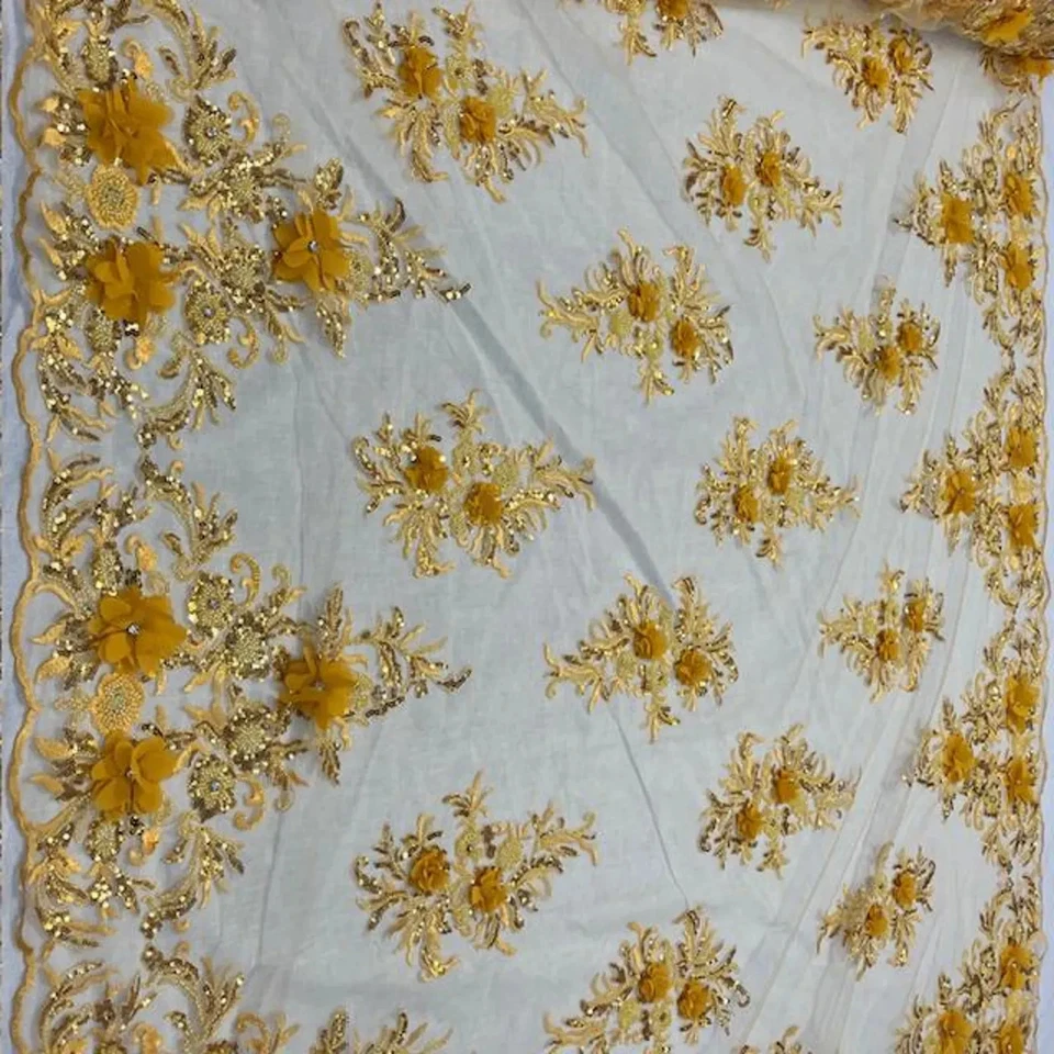 Tela de encaje con cuentas 3D premium - Material de vestido de novia de alta costura VT-32 por yarda Foto 1 de 1