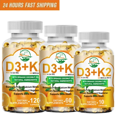 NATURE'S LIVE Vitamina D3 K2 - 120 Cápsulas - Vitamina D 5000 UI Vit K2 MK7 200mcg Alta Resistencia