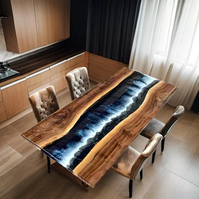 Mesa de río epoxi borde vivo hecha a mano | Mesa de comedor de resina de océano azul Foto 1 de 4