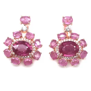 Thai Handmade 7 x 9 mm. Pink Ruby & White Zircon Statement Earrings - Picture 1 of 4