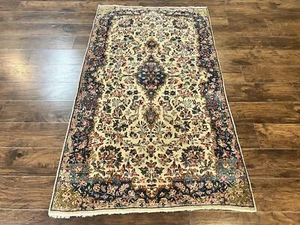 Antique Kirman Rug 4x7 Cream Navy Blue Hand Knotted Wool Floral Carpet - Picture 1 of 12