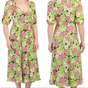 WAYF Surplice Neck Green floral midi dress New - Picture 1 of 12