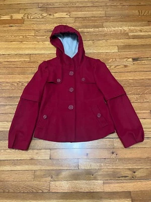 Elevenses Anthropologie Red Wool Coat Womens Size 6 Hooded Puff Sleeve Boho - Image 1 of 4