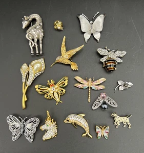 Set of 15 Vintage Pave Crystal Rhinestone Enamel Silver & Gold Tone Brooch Pins - Picture 1 of 24