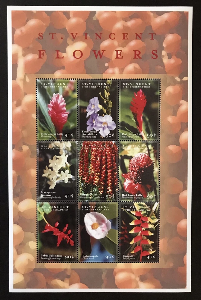 ST. VINCENT FLOWERS STAMP SHEET 2000 MNH LILY JASMINE FLORA WILDLIFE BALSAMAPPLE - Image 1 of 1