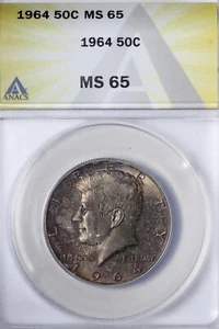GEM BU 1964 Kennedy Silver Half Dollar ANACS MS65 Beautiful Obverse Toning WNK - Picture 1 of 5