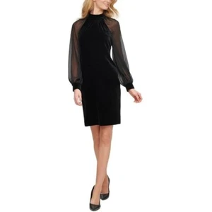 Size 8 NEW Calvin Klein Elegant Sheath Dress Black Velvet Chiffon Sleeve - Picture 1 of 7