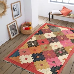 Handmade Rectangle Rug Kilim Home Decor Wool Jute Rug Runner Carpet Living Room - Picture 1 of 4