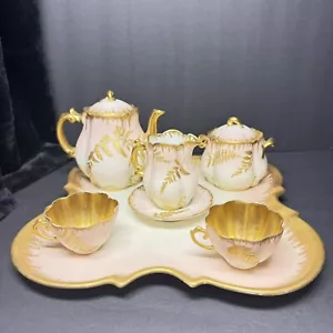 Antique Pink and Gold Limoges France Porcelain 7 Pc Tea Set Teapot w/ Tray H&Co - Picture 1 of 24