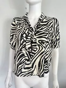 NEW Jones New York Size XS Short Sleeve Button Up Blouse Zebra Print Tie Neck - Picture 1 of 8