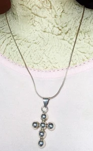 Silber Kreuz 2" Runde Kugeln 16" Silberkette Signiert Mexiko Top - Bild 1 von 3
