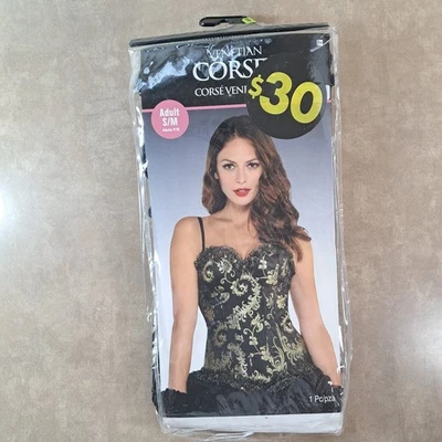 Amscan Corsé Veneciano Top Adulto S/M Negro Dorado Encaje Disfraz Nuevo Sellado Foto 1 de 4