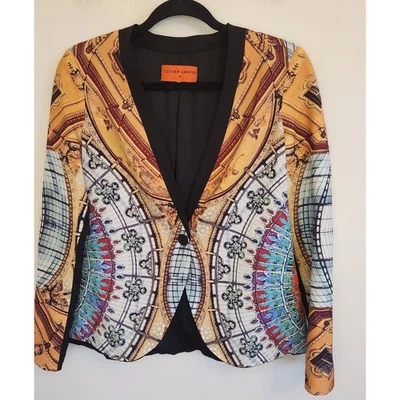 Clover Canyon Womens Blazer Jacket Orange Architectural Print Button Front Large - Image 1 of 4