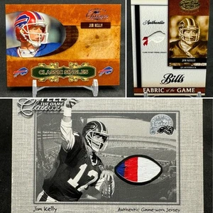 Vintage Jim Kelly Game Used Jersey Cards (2) Great Patches + SSP Bonus Card /25 - Picture 1 of 10