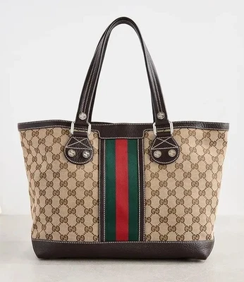 Bolso de Mano Vintage GUCCI Sunset Web Mediano Marrón Beige GG Monograma Lona Cuero Foto 1 de 4