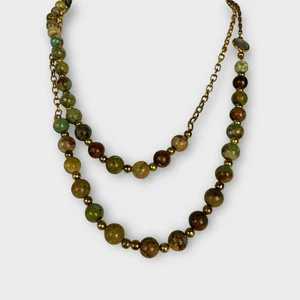 Signed Catherine Page Long Beaded Necklace Gold Tone Green Brown Stone Beads - Picture 1 of 3