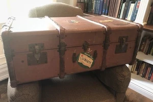 Antique French American Steamer Trunk Wood Leather Brass Striped Inside VTG - Picture 1 of 17