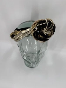 VINTAGE 80's Mixed Media Beaded Knotted Fancy Headband Black Gold EUC - Picture 1 of 10