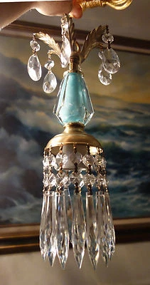 Vintage SWAG plugin Icy Blue aqua Brass lamp chandelier crystal prisms 9' cord - Image 1 of 4