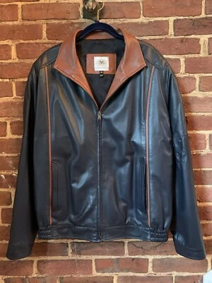 Maus & Hoffman Jacket Mens Lambskin Leather Navy Brown Piping Bomber Vintage 40 - Image 1 of 4