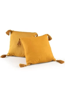 100% Cotton Cushion Covers With Tassels Throw Pillow Set of 2 16x16 inch Mustard - Foto 1 di 8