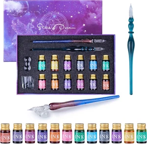 Dip Pen Tinte Geschenkset 16er Pack - 2 Kalligraphie Kristall Dip Stift mit 12 Farben Tinte - Bild 1 von 1