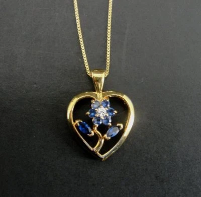 Ожерелье золото Vermeil над серебро 925 цветок сердце синий камни подвеска - Изображение 1 из 4