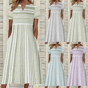 Women V Neck Striped Dress Ladies Holiday Bohemian Short Sleeve Midi Dresses - Picture 1 of 10