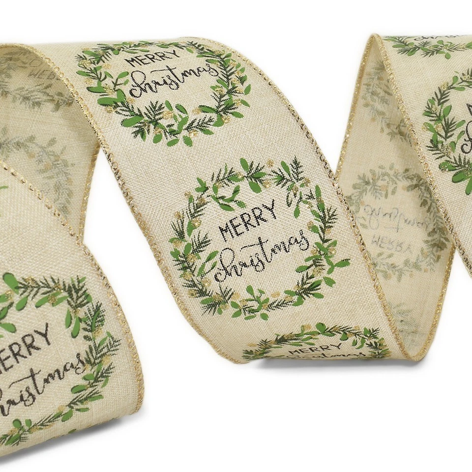 Elegante Navidad Feliz Navidad Corona Verde Beige Cinta con Cable 2.5"W x 5 Yardas Foto 1 de 1