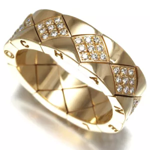 Auth CHANEL Ring Matelasse Diamond US7.75 18K 750 Yellow Gold - Picture 1 of 5