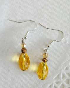 Yellow Faceted Barrel Citrine Stone w/Crystal Drop Handmade Earrings NEW!! - Picture 1 of 5