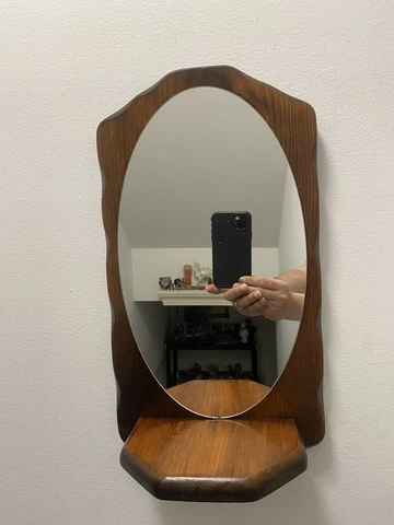 Vintage Wooden Wall Hanging with Mirror and Shelf For Oil Lamp Or Candle Cover