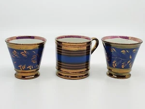 Antike Kupfer Glanz Kinder Tasse Becher Lot Staffordshire Blau Gold - Bild 1 von 12