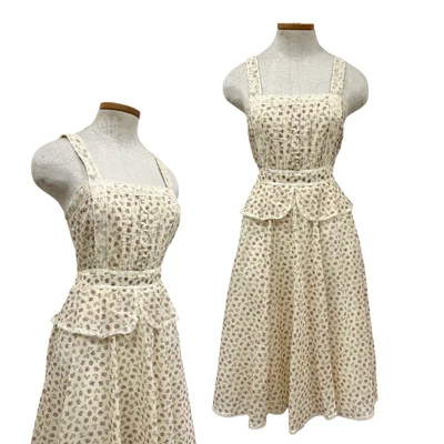 Vintage 1970s Gunne Sax Jessica McClintock Peplum Purple & Beige Floral Dress - Image 1 of 4