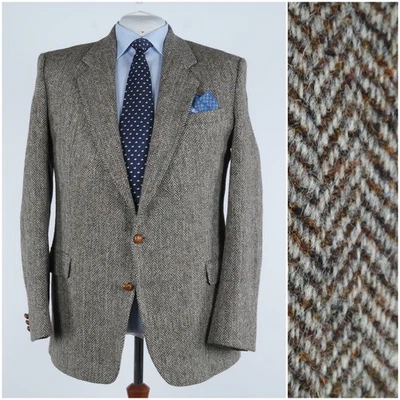 Mens Herringbone HARRIS TWEED Jacket 48L US Size Grey Wool Sport Coat Blazer - Image 1 of 4