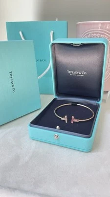 Tiffany & Co. T Wire Bracelet RG 18K with Diamonds & Pink Sapphire M NEW $5,500 - Image 1 of 4