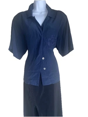 Camisa blusa vintage para mujer Ellen Tracy 100 % seda azul marino talla 10 Hong Kong Foto 1 de 4