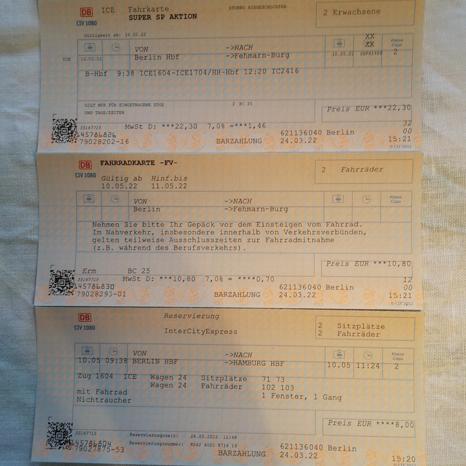 DB Ticket 2 Pers BERLIN - HAMBURG- Fehmarn 10.05.2022 Abfahrt 9.38 Uhr - Bild 1 von 1