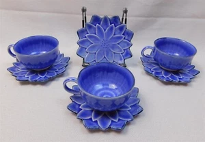 Pottery Barn Lotus Flower Blue Demitasse Espresso Cup and Saucer Sets NOS - Picture 1 of 11