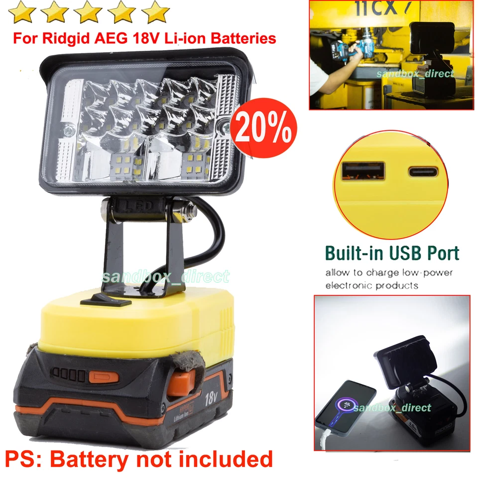 Super-Bright LED Work Light for Ridgid 18V Batteries 2800LM w/FAST CHARGE USB - Image 1 of 4