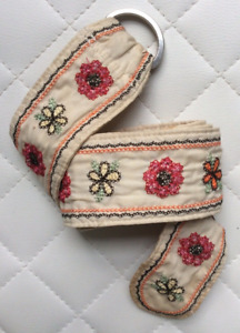 WOMENS BELT Embroidered Bohemian Fabric Floral Cream D Ring Buckle HIPPIE BOHO