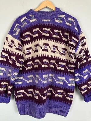 Vintage Hand Knit Ecuador Wool Sweater Women’s L Alpaca Pattern Boho Chunky - Image 1 of 4