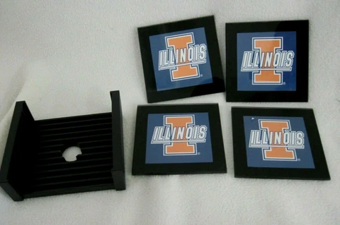 ILLLINOIS FIGHTING ILLINI GLASS SQUARE COASTERS SET OF 4 WITH CASE NAVY ORANGE Cover