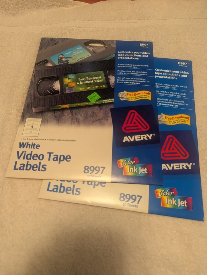 2 pkg Avery 8997 Video Tape Labels White Inkjet & Laser Printer 20 sheets - Image 1 of 1