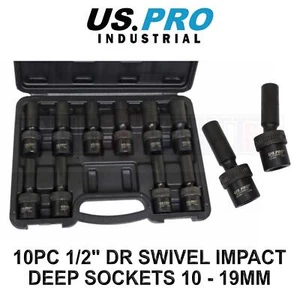 US PRO INDUSTRIAL 10pc 1/2" DR 6pt Swivel Impact Deep Wobble Sockets 10 - 19mm - Picture 1 of 4