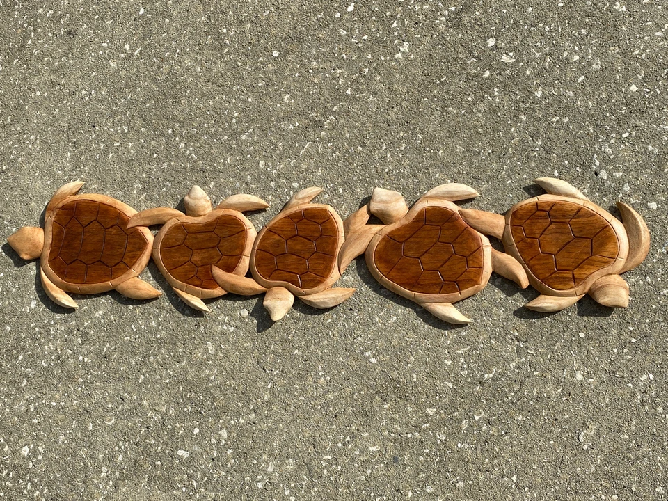 TORTUGA MARINA Y AMIGOS MADERA DE TECA NATURAL COLGANTE PARED ARTE PLACA PATIO DECORACIÓN DEL HOGAR Foto 1 de 1